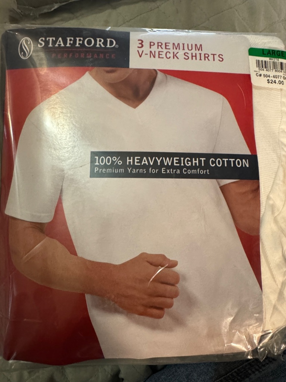 Stafford White heavyweight 3-Pack V-Neck T-Shirts Large